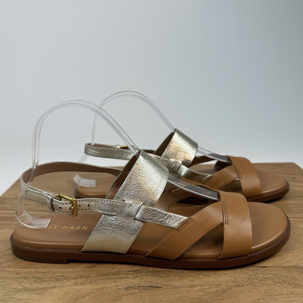 New Womens Cole Haan Fawn Brown Gold Leather Strappy Slingback Sandals Size 9 B